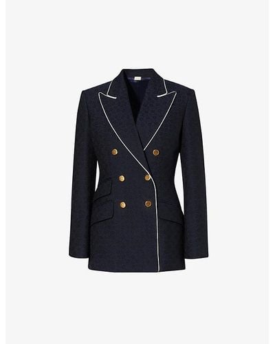 Gucci Contrast-piped Double-breasted Cotton And Wool-blend Blazer - Blue