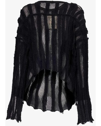 Uma Wang Distressed Semi-sheer Cotton-blend Knitted Top - Black