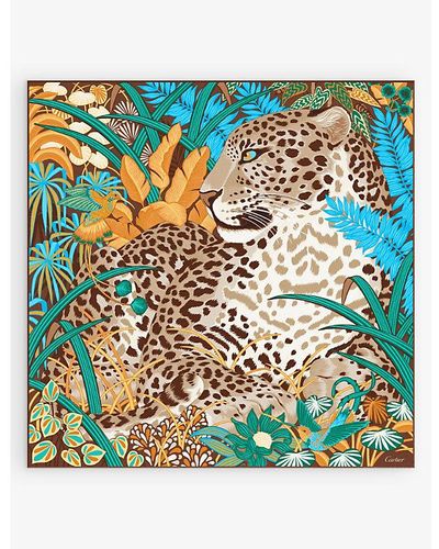 Cartier Panther In The Jungle Graphic-print Silk-twill Scarf - Blue