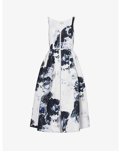 Alexander McQueen Floral-print Zip-front Woven Midi Dress - White