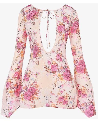 House Of Cb Oceana Floral-print Sheer Woven Beach Cover-up - Pink