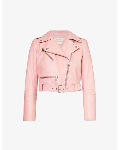 Alexander McQueen Notched-collar Cropped Leather Jacket - Pink