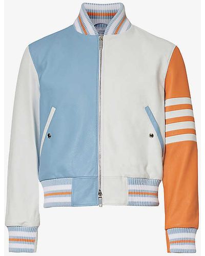 Thom Browne Striped-trim Stand-collar Leather Bomber Jacket - Blue