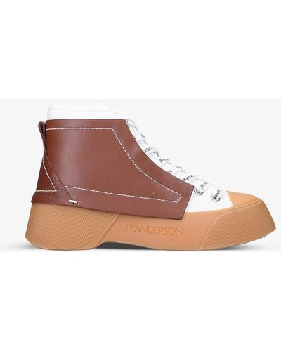 JW Anderson Topstitched Leather And Canvas High-top Sneakers - Brown