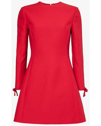 Valentino Garavani Bow-embellished Padded-shoulder Wool-blend Mini Dress - Red