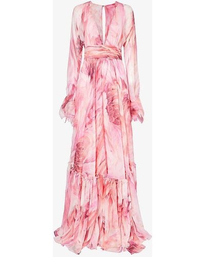 Roberto Cavalli Floral-print Long-sleeve Silk Maxi Dress - Pink