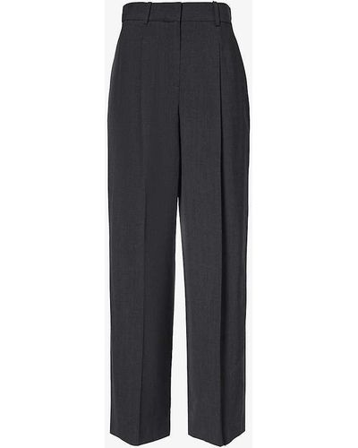 Theory Pleated Straight-leg High-rise Wool-blend Trousers - Blue