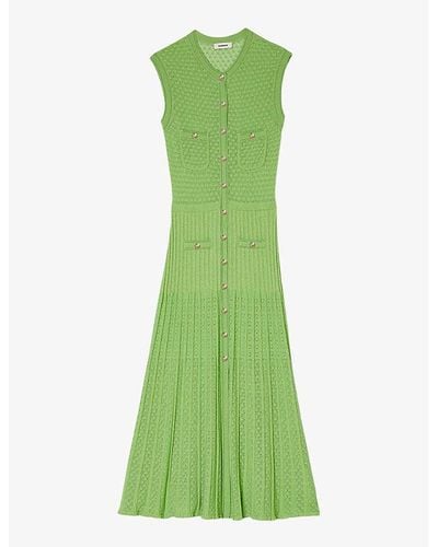 Sandro Patch-pocket Pleated Pointelle-knit Midi Dress - Green