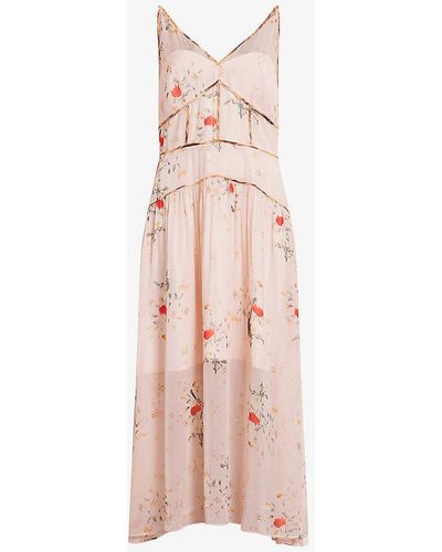 AllSaints Kora Floral-print Stretch-woven Midi Dress - Pink