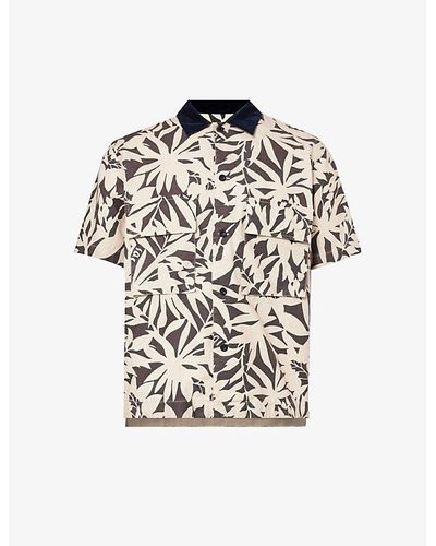 Sacai Leaf-print Contrast-collar Cotton Shirt - Multicolour