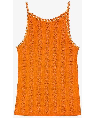 Sandro Bead-embellished Pointelle-stitch Knitted Top - Orange