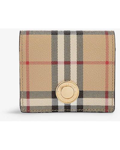 Burberry Check-print Woven And Leather Wallet - Natural