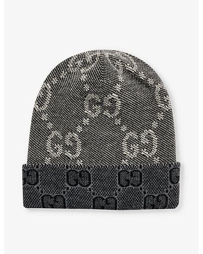 Gucci Double G Brand-pattern Wool-knit Beanie Hat - Gray