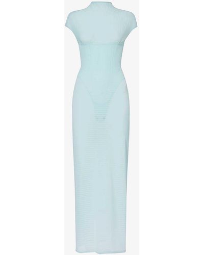 Alaïa Corset-panel Semi-sheer Mesh Maxi Dress - Blue