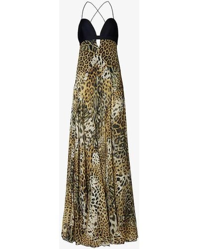 Roberto Cavalli Leopard-print Plunge-neck Silk Maxi Dress - Green