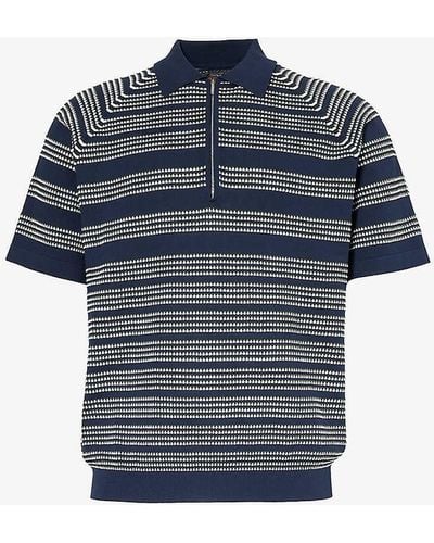 Beams Plus Zip Stripe-pattern Cotton Knitted Polo Shirt - Blue