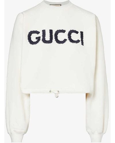 Gucci Brand-embroidered Drawstring-hem Cotton-jersey Sweatshirt - White