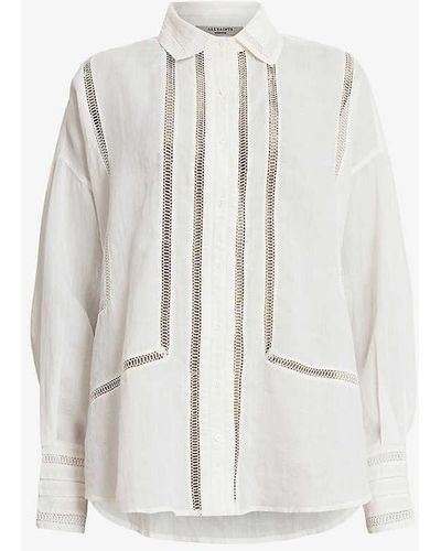 AllSaints Jade Embroidered-stripe Relaxed-fit Linen Shirt - White