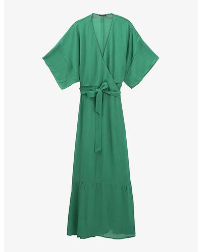 IKKS Frill-hem Short-sleeve Woven Wrap Midi Dress - Green