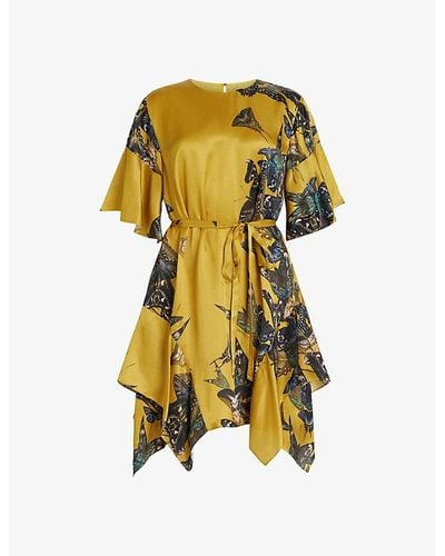 AllSaints Rina Diana Butterfly-print Satin Mini Dress - Yellow