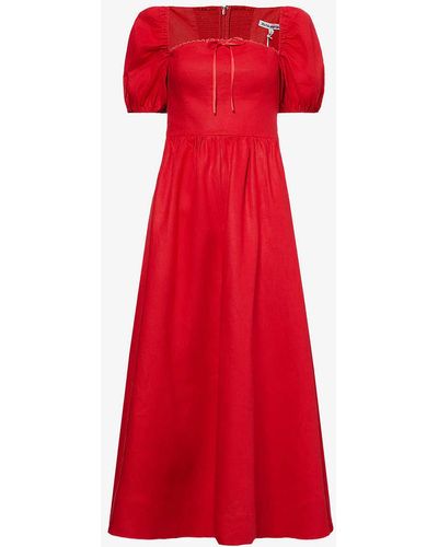 Reformation Marella Puffed-sleeve Curved-neck Linen Midi Dress - Red
