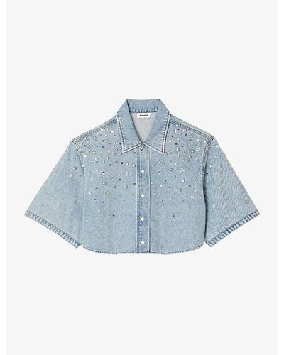 Sandro Rhinestone-embellished Cropped Denim Shirt - Blue