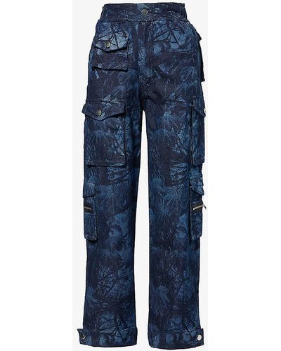 EB DENIM Abstract-print Straight-leg High-rise Denim Cargo Trousers - Blue