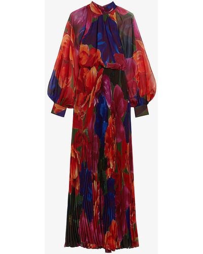 Ted Baker Adanie Floral-print Pleated Woven Maxi Dress - Red