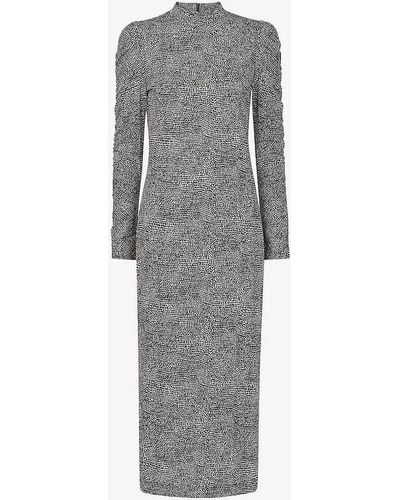 Whistles Pebble Spot-print Ruched-sleeve Jersey Midi Dress - Grey