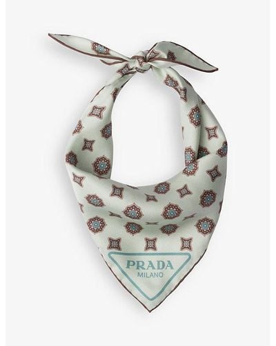 Prada Floral-print Branded Silk Scarf - Metallic