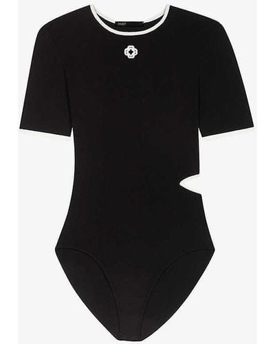 Maje Logo-embroidered Cut-out Stretch-woven Bodysuit - Black