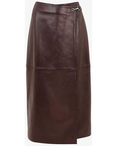 Whistles Josie Wrap Leather Midi Skirt - Brown