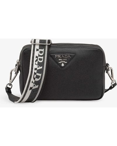 Prada Logo-plaque Medium Grained-leather Shoulder Bag - Black