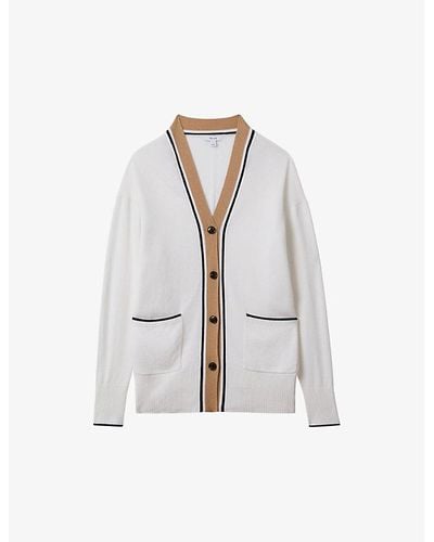 Reiss Carly V-neck Contrast-trim Wool-blend Cardigan - White