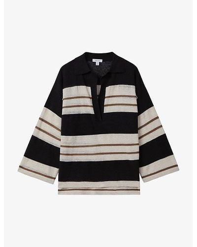 Reiss Chloe Open-collar Striped Cotton And Linen-blend Top - Black