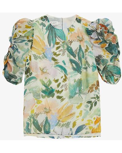 Ted Baker Oasia Floral-print Puff-sleeve Woven Top - Blue