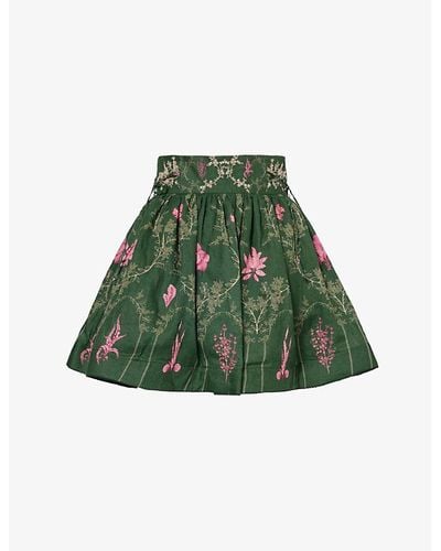 Agua Bendita Nori Encaje Voluminous Printed Linen Mini Skirt - Green