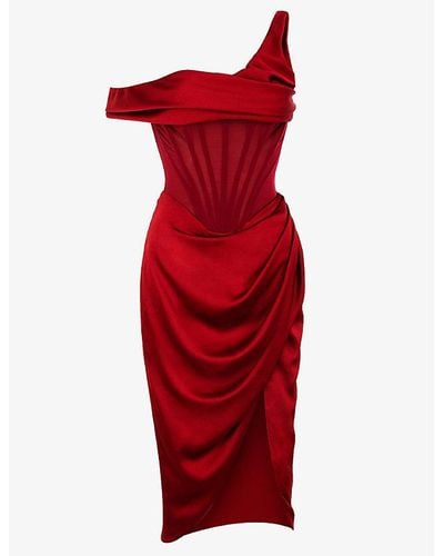 House Of Cb Lulu Draped Satin Midi Dress - Red