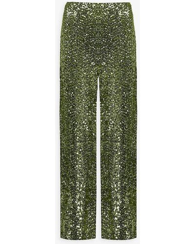 Ro&zo Olive Sequin-embellished Wide-leg Mid-rise Stretch-woven Trousers - Green