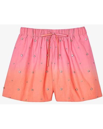 Sandro Rhinestone-embellished Elasticated-waist Cotton Shorts - Pink
