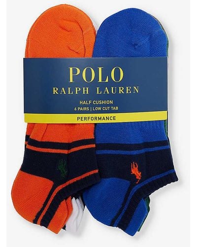 Polo Ralph Lauren Logo-embroidered Pack Of Six Stretch-recycled Polyester Blend Socks - Blue