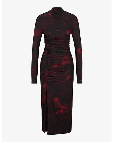 HUGO Abstract-print Slim-fit Midi Dress - Black