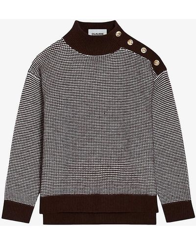 Claudie Pierlot Maloi Houndstooth-pattern Wool-blend Jumper - Grey