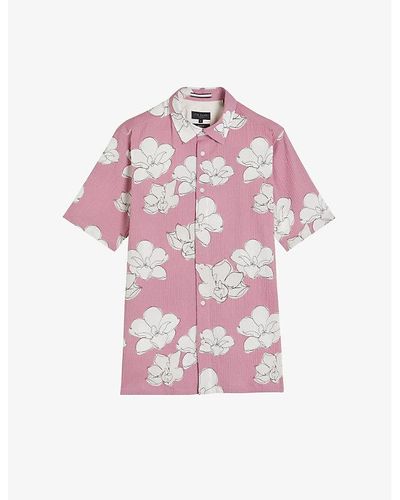 Ted Baker Coving Floral-print Seersucker Stretch-cotton Shirt - Pink