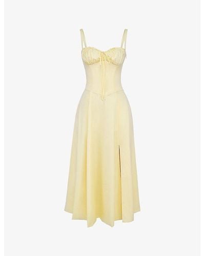 House Of Cb Carmen Gathered-cup Stretch Cotton-blend Midi Dres - Yellow