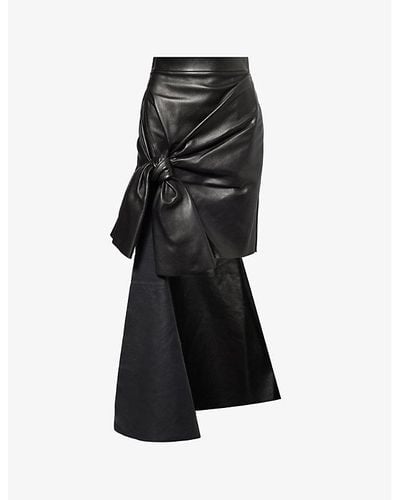 Alexander McQueen Draped Bow-embellished High-rise Leather Midi Skirt - Black