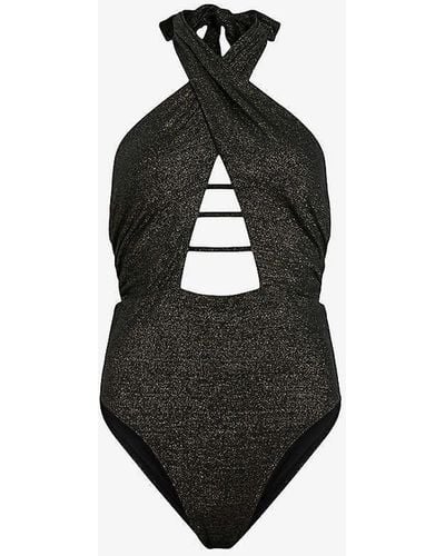 AllSaints Eleanor Halter-neck Metallic Stretch-woven Swimsuit X - Black