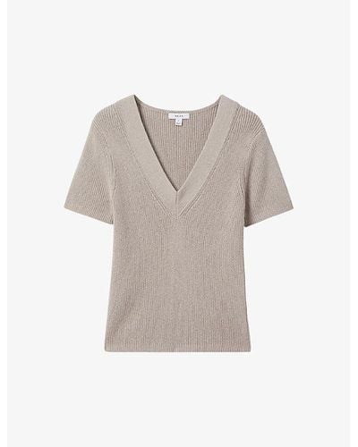 Reiss Rosie V-neck Short-sleeve Knitted Top - Grey