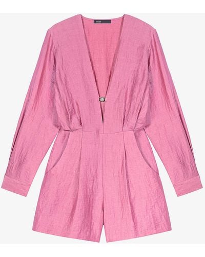 Maje Plunging-neckline Linen-blend Jumpsuit - Pink