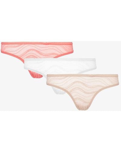 Calvin Klein Sheer Mid-rise Pack Of Three Stretch-lace Thongs - Pink